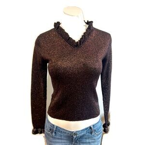MASTINA SWEATER RUFFLED V NECK AND SLEEVES BRONZE SHINY COLOUR IN SIZE 36